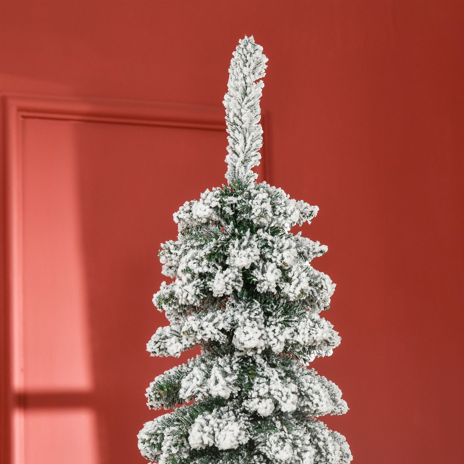 Künstlicher Weihnachtsbaum, schneebedeckt, schmales Design, feuerfest, 210 cm, Grün/Weiß