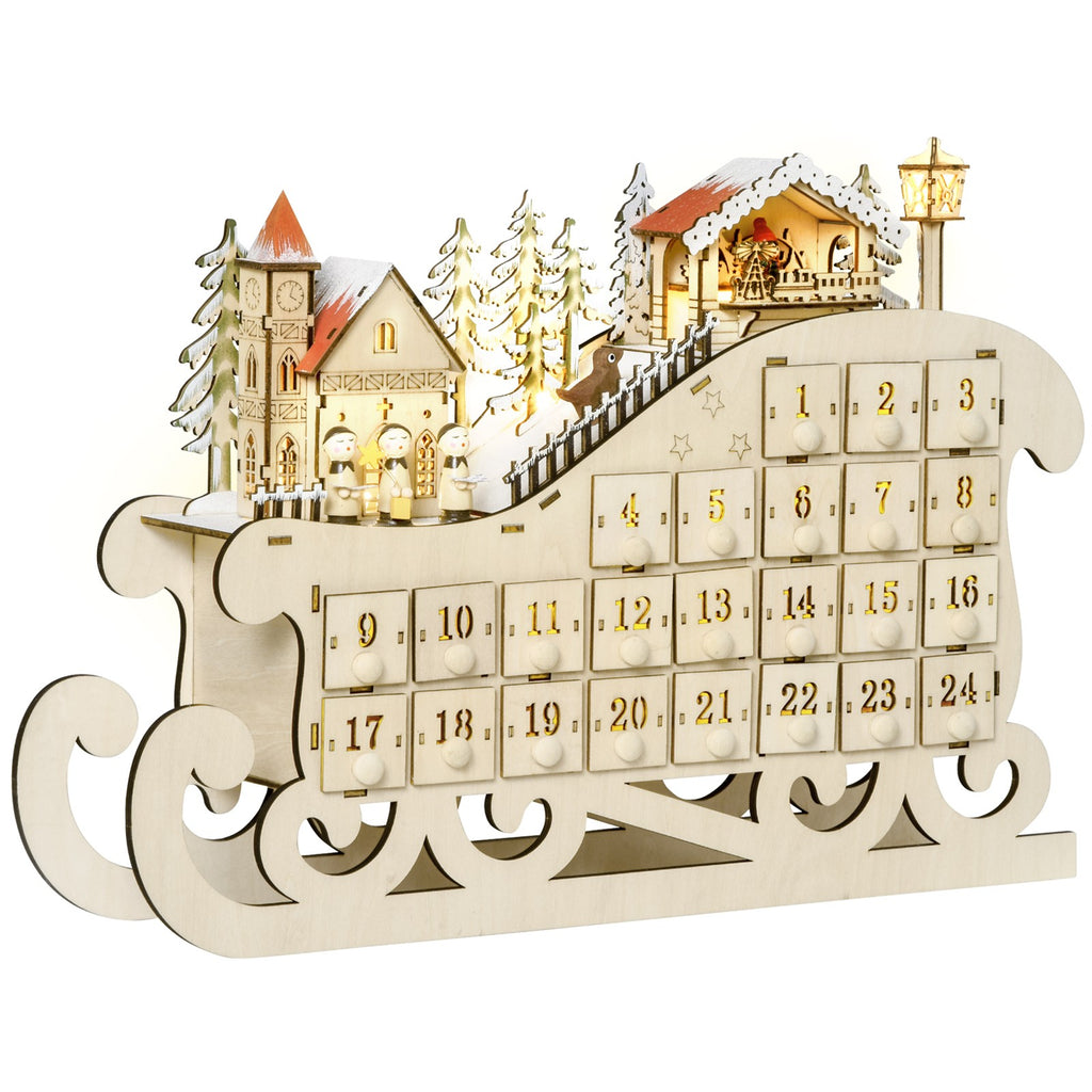 Adventskalender zum Befüllen mit 24 Schubladen LED-Lichtern Schlitten-Form, DIY Weihnachtskalender Weihnachts-Countdown-Kalender Geschenk für Kinder Erwachsene
