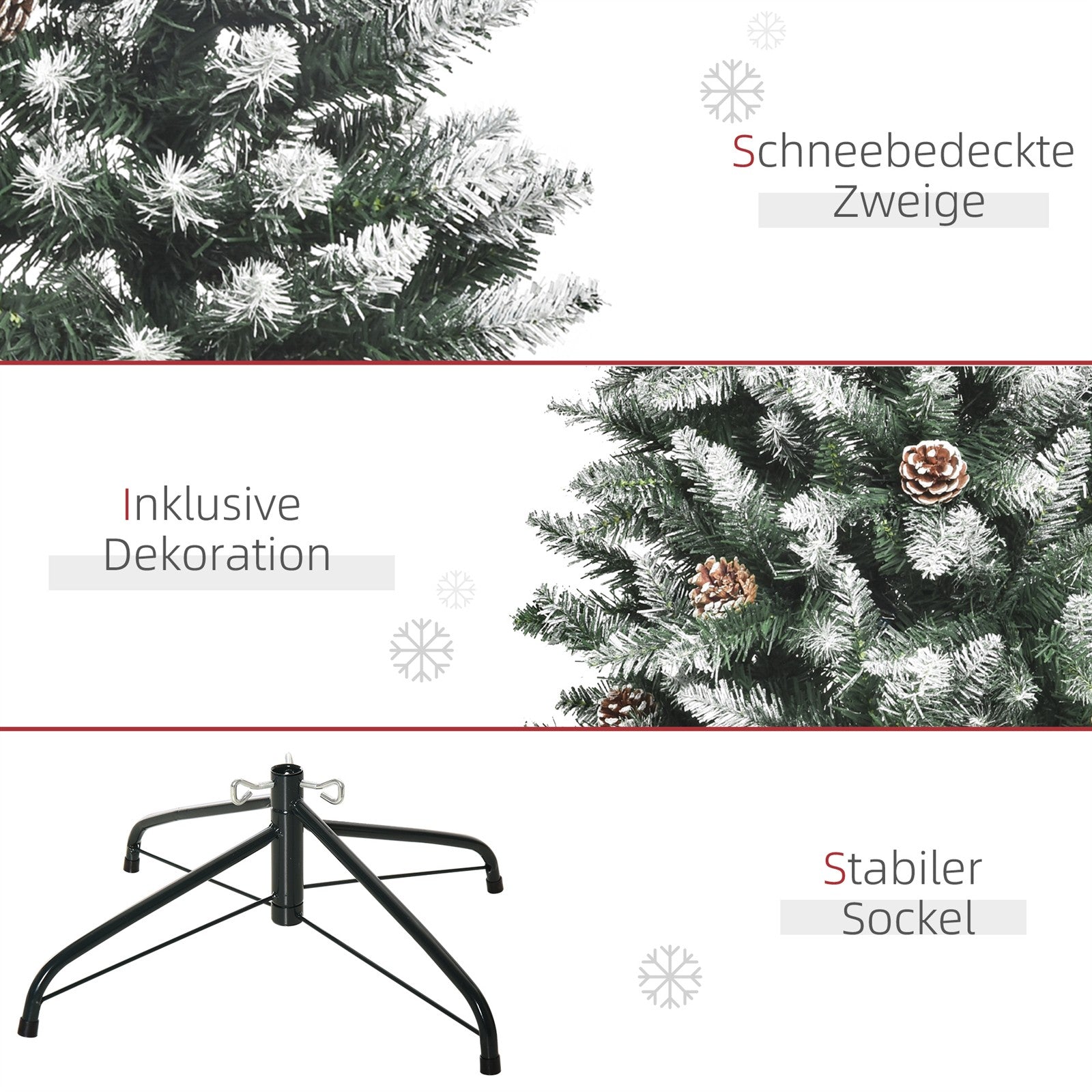 Künstlicher Weihnachtsbaum, 630 Zweige, 37 Zapfen, verschneite Spitzen, feuerfest, 150 cm