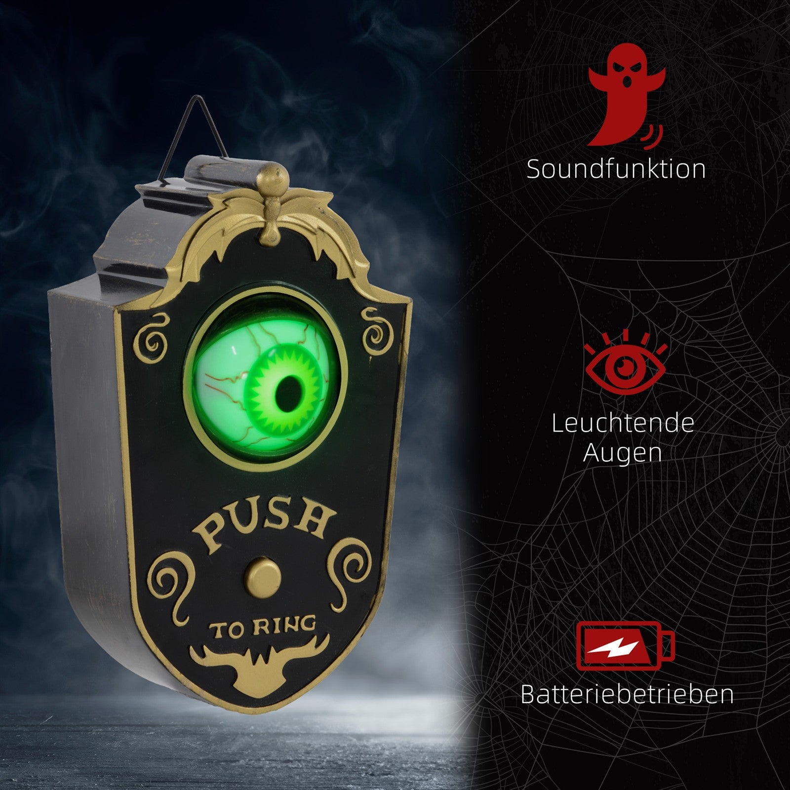 Halloweendeko, Türglocke mit Horror-Auge, Geräusch- & Touchsensor, beweglich, grünes Licht