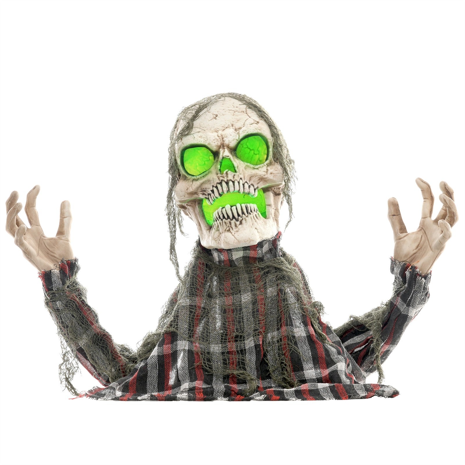 Halloweendekoration Groundbreaker-Skelett, biegsame Arme, leuchtende Augen, unheimliches Heulen