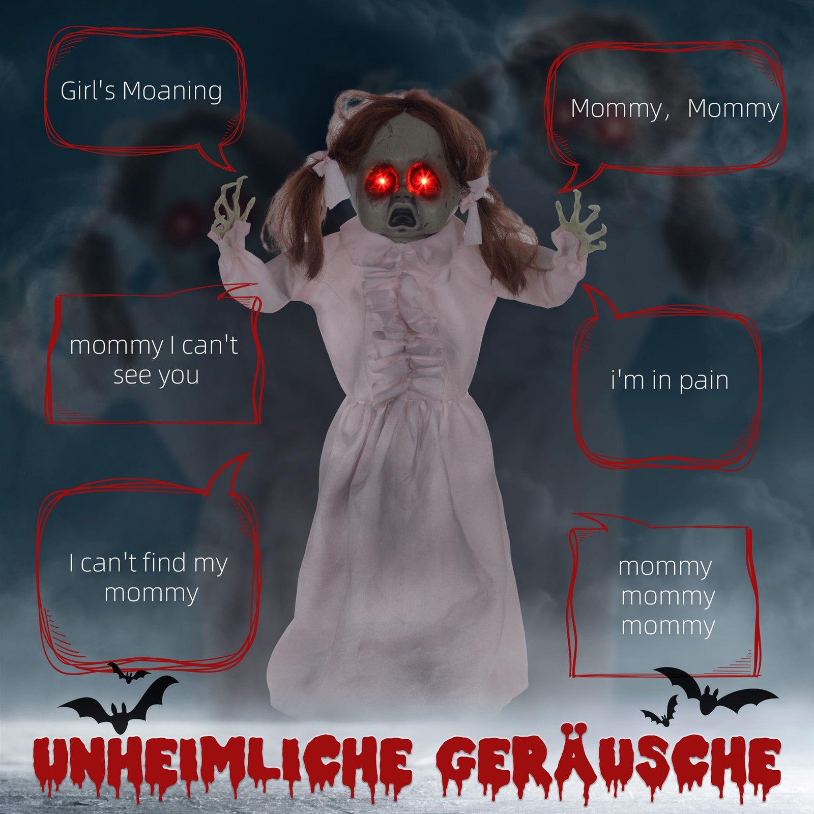 Horrorpuppe, Helloweendeko, aktiviert mit Geräusche/Berührung, rote Augen, Sound, 76 cm