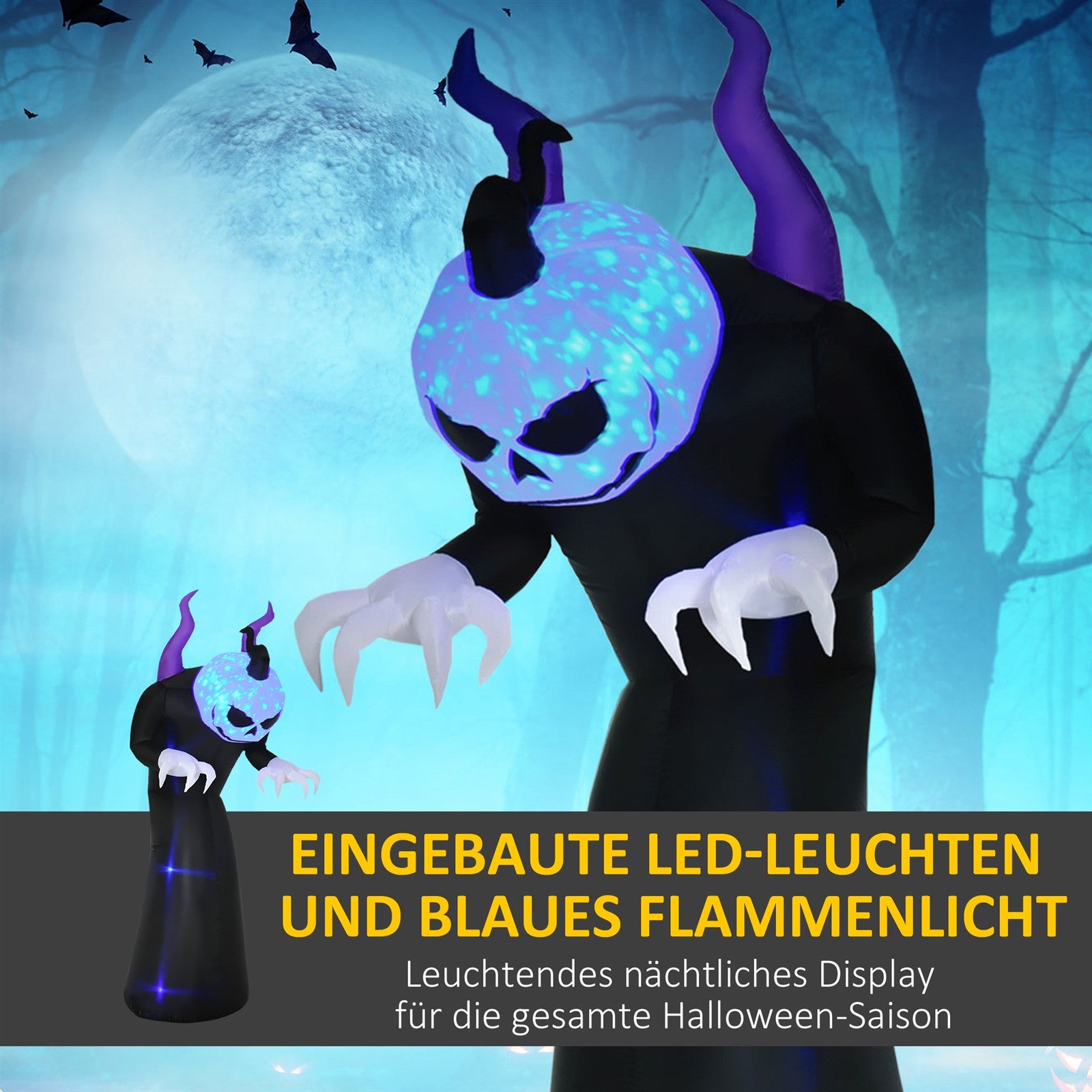 Gespenst mit Kürbiskopf Halloweendeko aufblasbar mit blauem Flammeneffekt 88 x 79 x 210cm