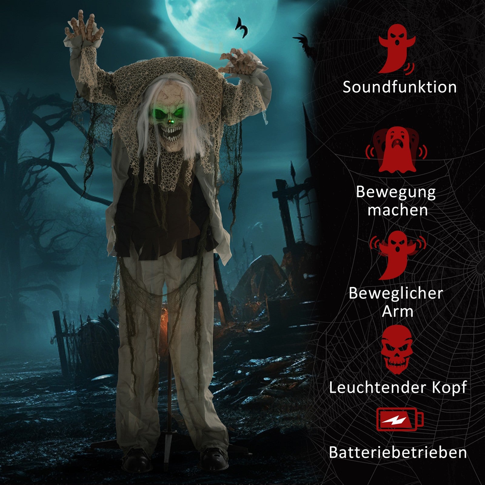 Skelettgespenst, Helloweendeko, gruseliges Heulen, rote Augen, bewegliche Arme, 160 cm