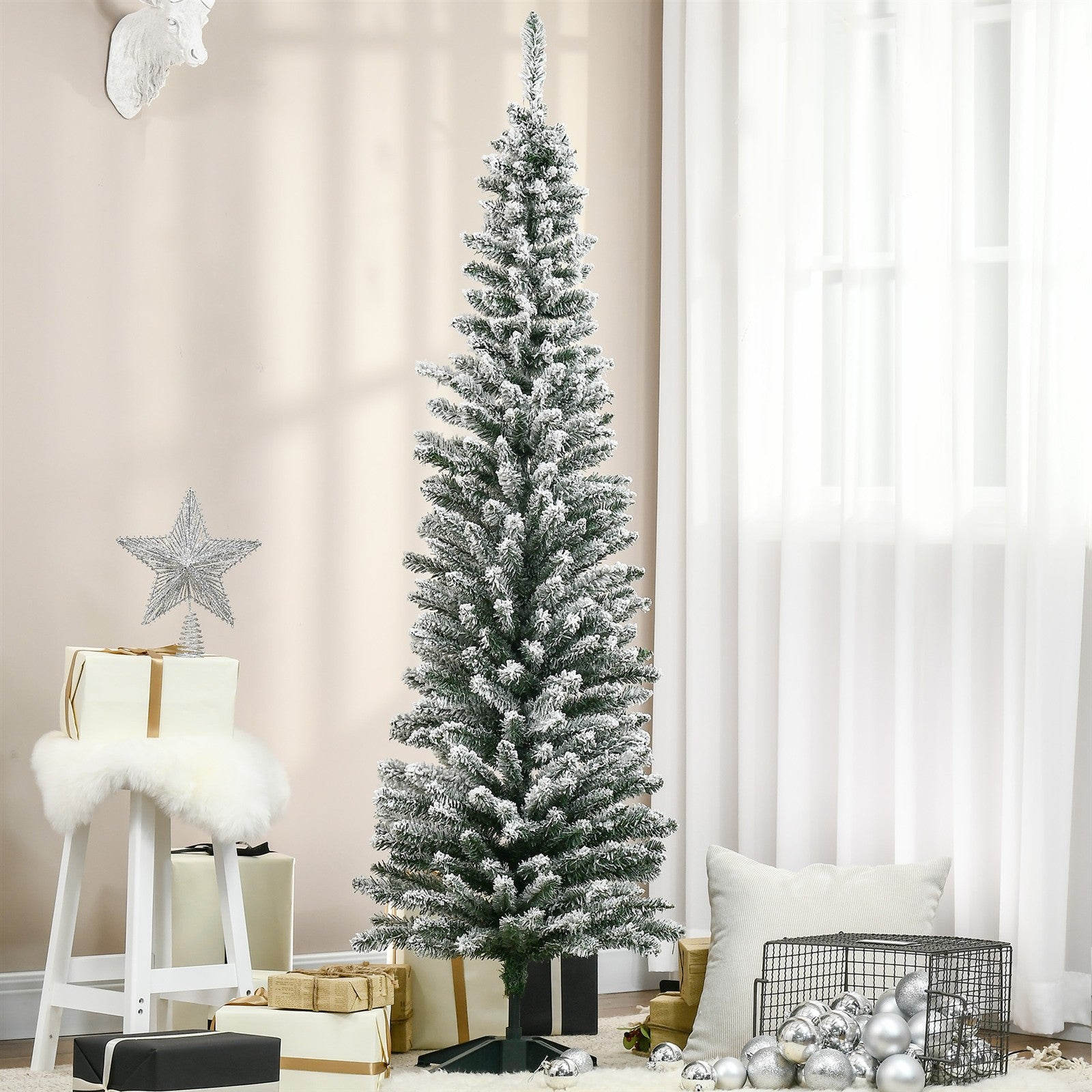 Künstlicher Weihnachtsbaum, 210 cm, beschneite PVC-Zweige, klappbar, Metallständer, Grün/Weiß