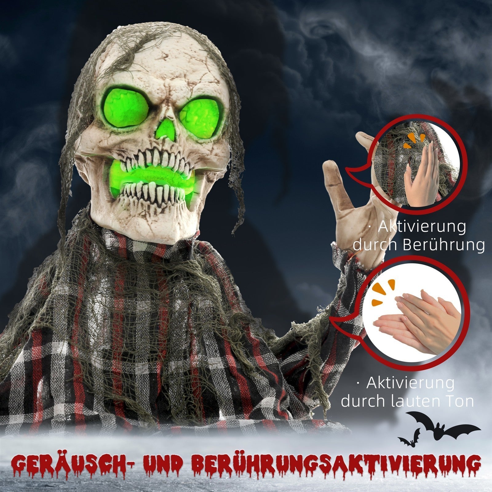 Halloweendekoration Groundbreaker-Skelett, biegsame Arme, leuchtende Augen, unheimliches Heulen
