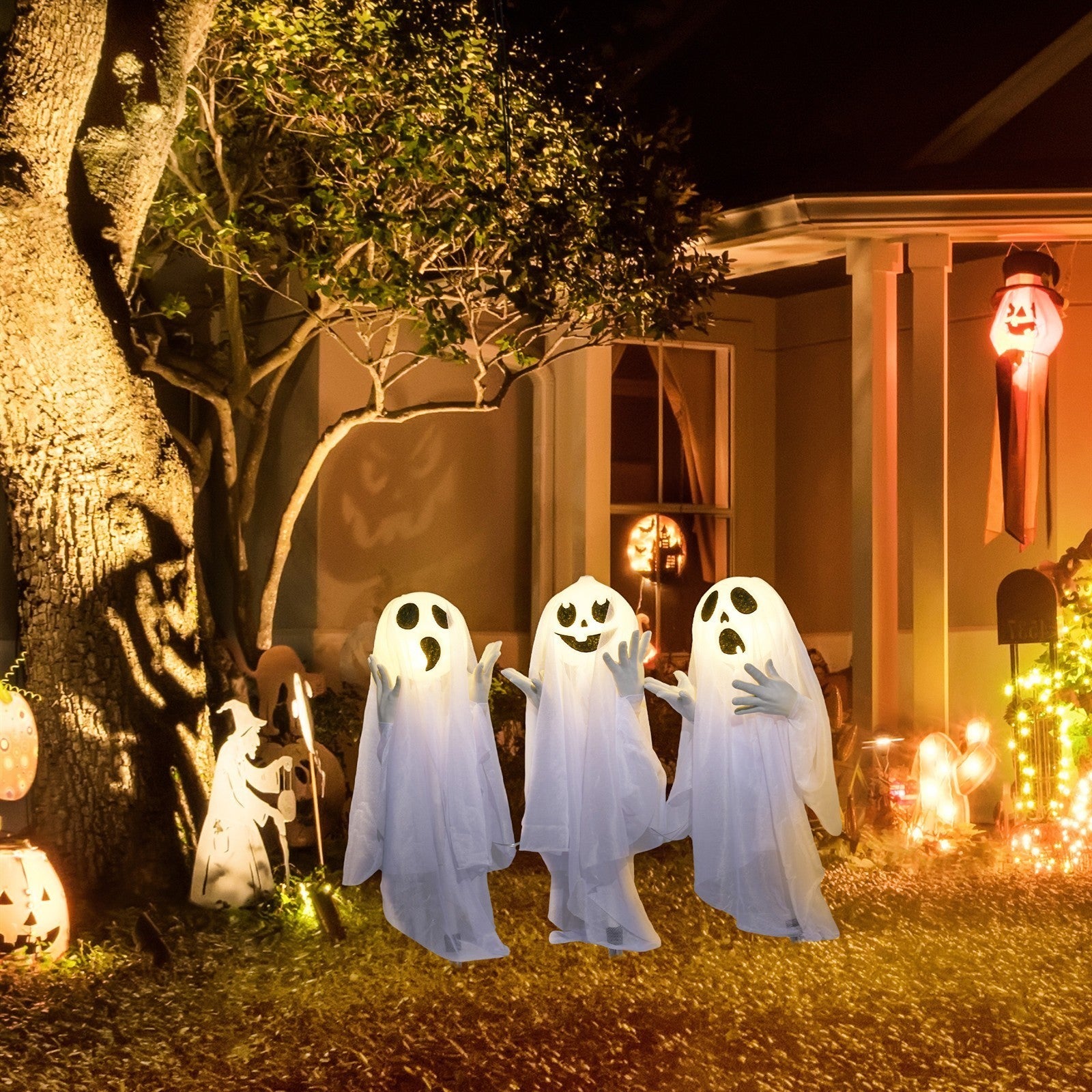 Halloweendekoration, 3 leuchtende Geister, Bewegungssensor, 54 x 10 x 60 cm, Weiß