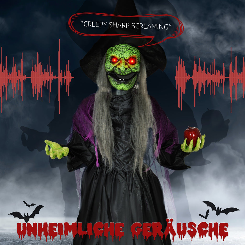 Hexe mit Giftapfel, Helloweendeko, gruselige Laute, rote Augen, bewegliche Arme, 180 cm