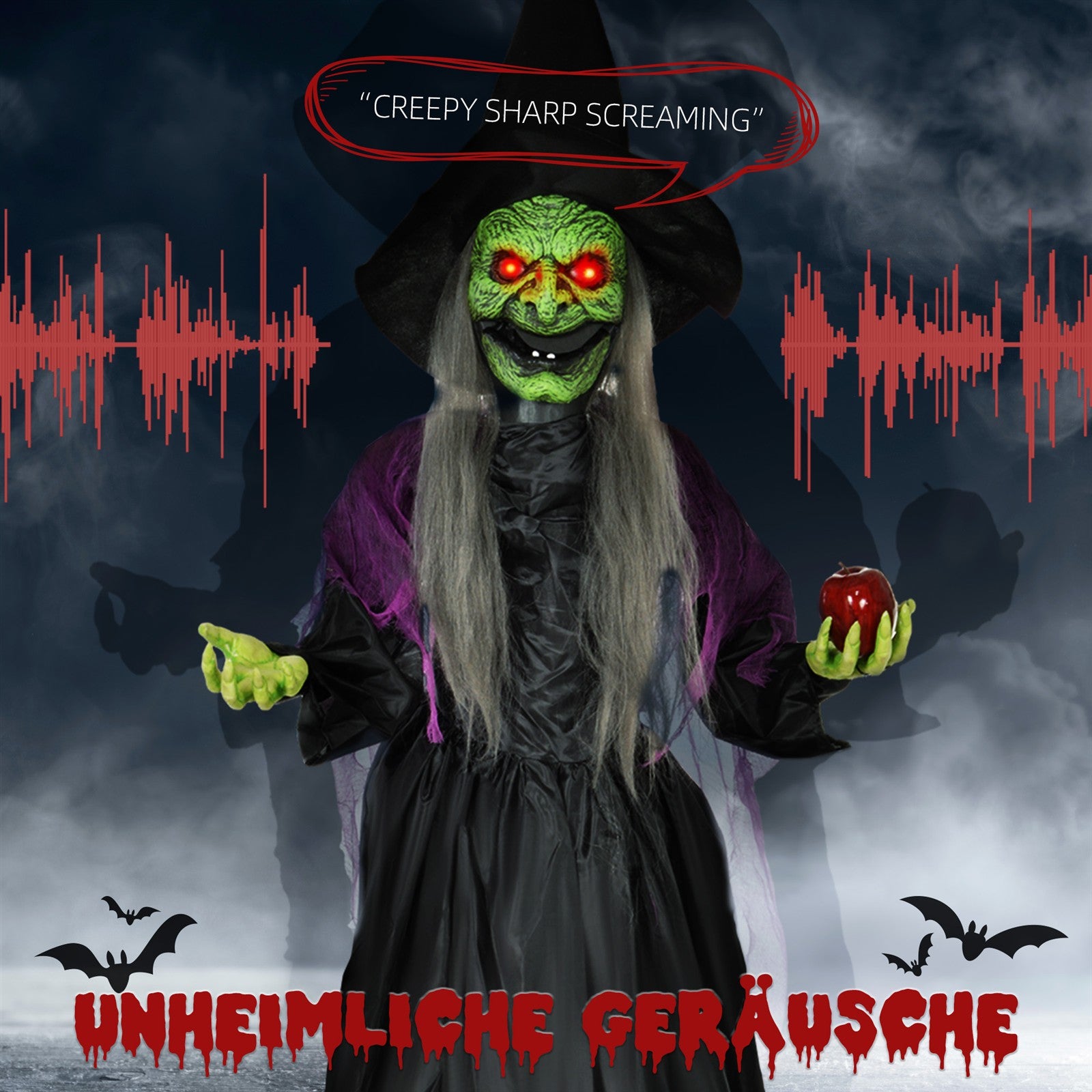 Hexe mit Giftapfel, Helloweendeko, gruselige Laute, rote Augen, bewegliche Arme, 180 cm