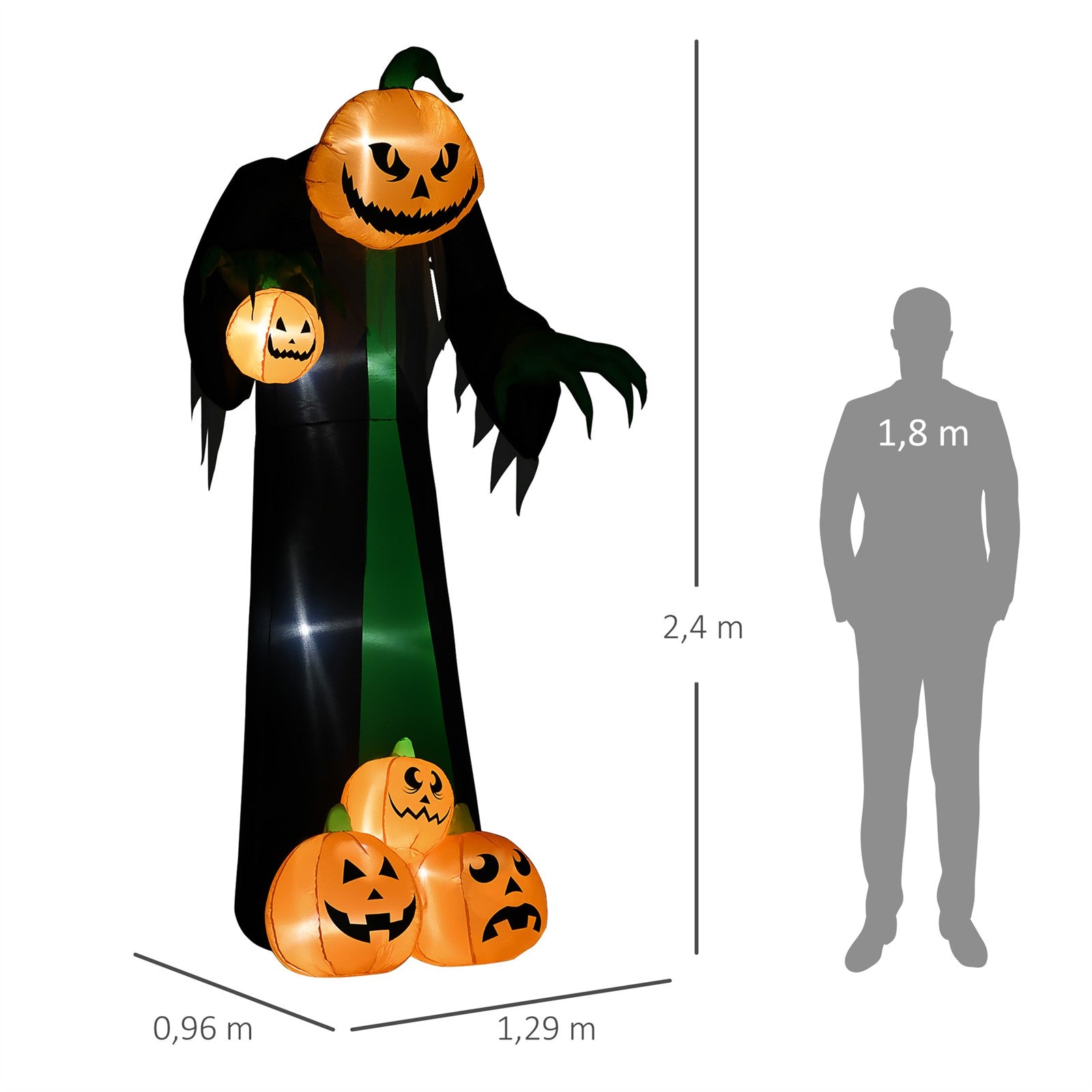 Halloween-Deko, 2,40m großer Kürbisgeist, selbstaufblasend, LED-Beleuchtung, für Außenbereiche