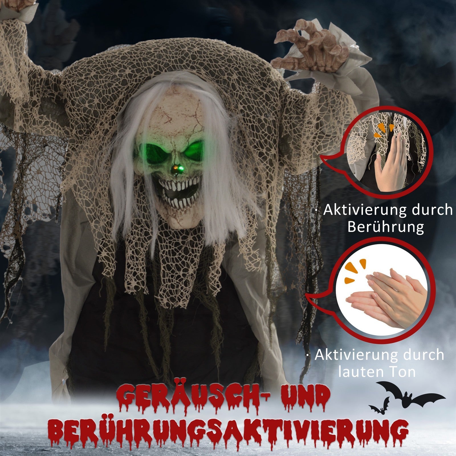 Skelettgespenst, Helloweendeko, gruseliges Heulen, rote Augen, bewegliche Arme, 160 cm
