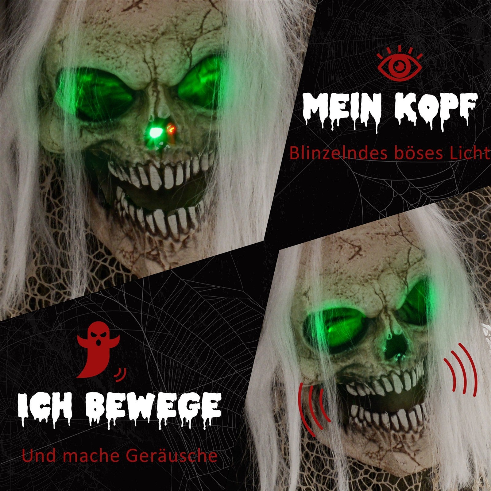 Skelettgespenst, Helloweendeko, gruseliges Heulen, rote Augen, bewegliche Arme, 160 cm