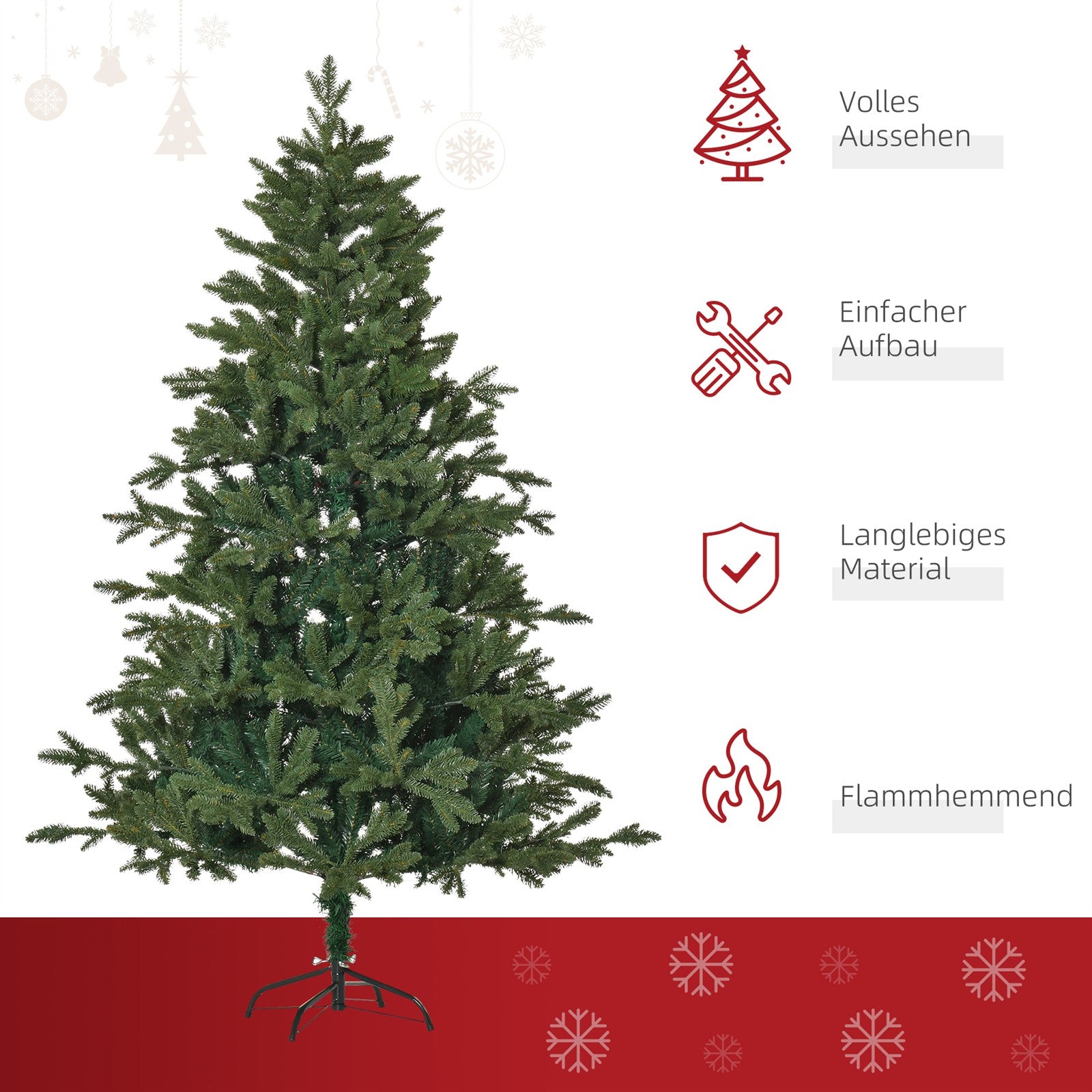 Künstlicher Weihnachtsbaum 180 cm Tannenbaum künstlich mit 748 Spitzen, 3 verschiedenen Blätterformen flammhemmend Christbaum mit Metallständer für drinnen
