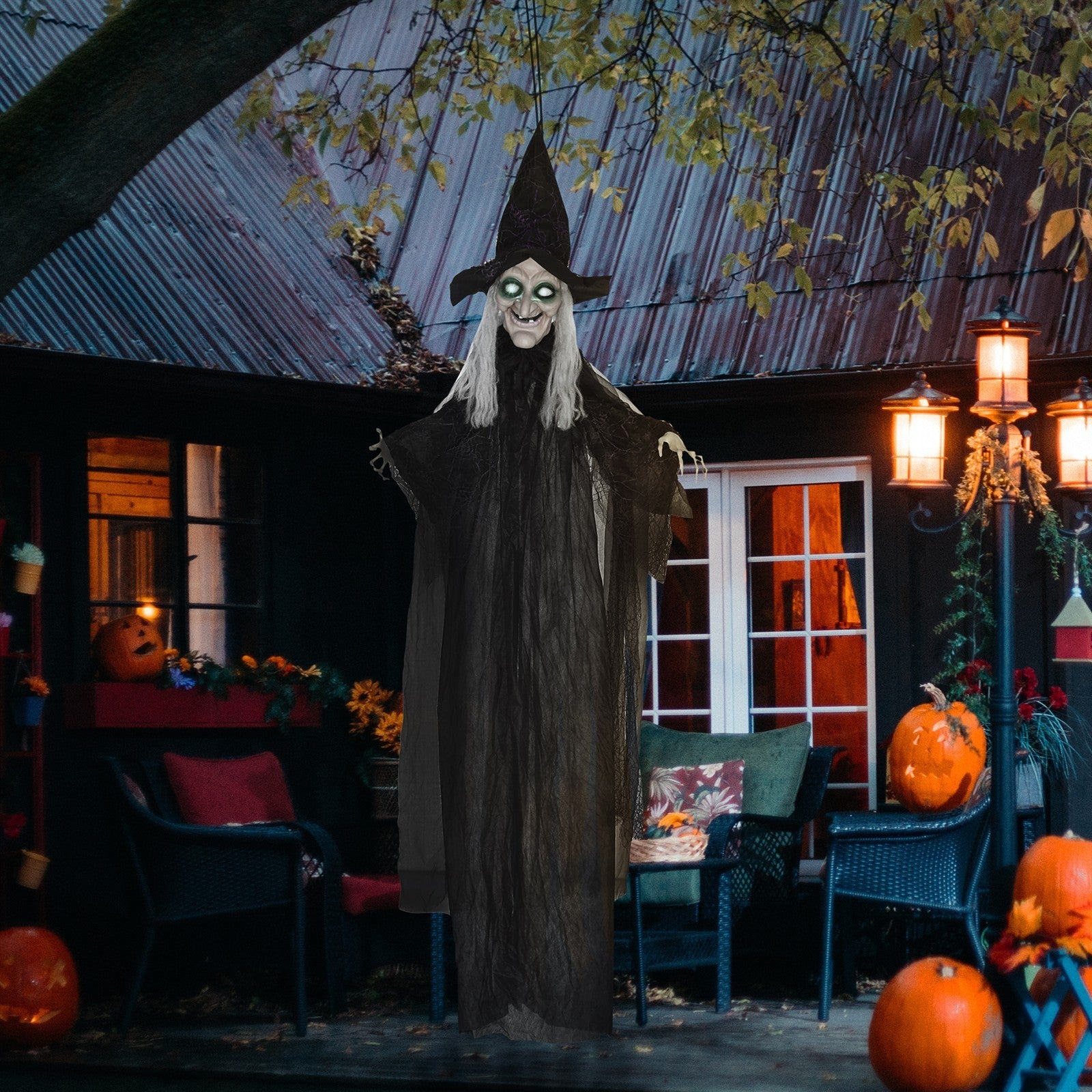 Halloween-Hexe, Halloween-Dekoration, Soundfunktion, mit Bewegungssensor, LED-Lichter, 130 cm x 18 cm x 183 cm