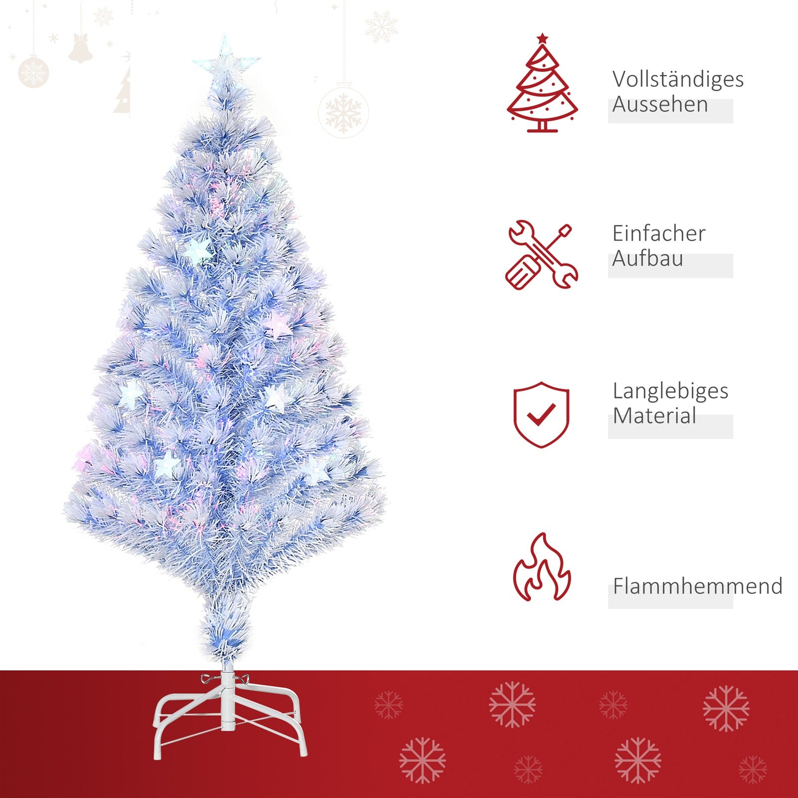 Künstlicher Weihnachtsbaum 120 cm Christbaum künstlich mit Glasfaser und LED-Beleuchtung, 130 Spitzen Tannenbaum inkl. Stahlständer für Drinnen Weiß+Blau