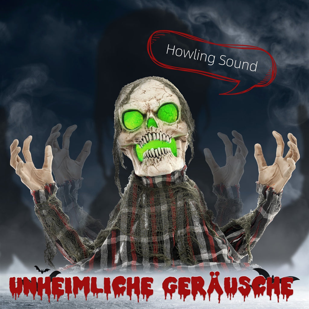 Halloweendekoration Groundbreaker-Skelett, biegsame Arme, leuchtende Augen, unheimliches Heulen