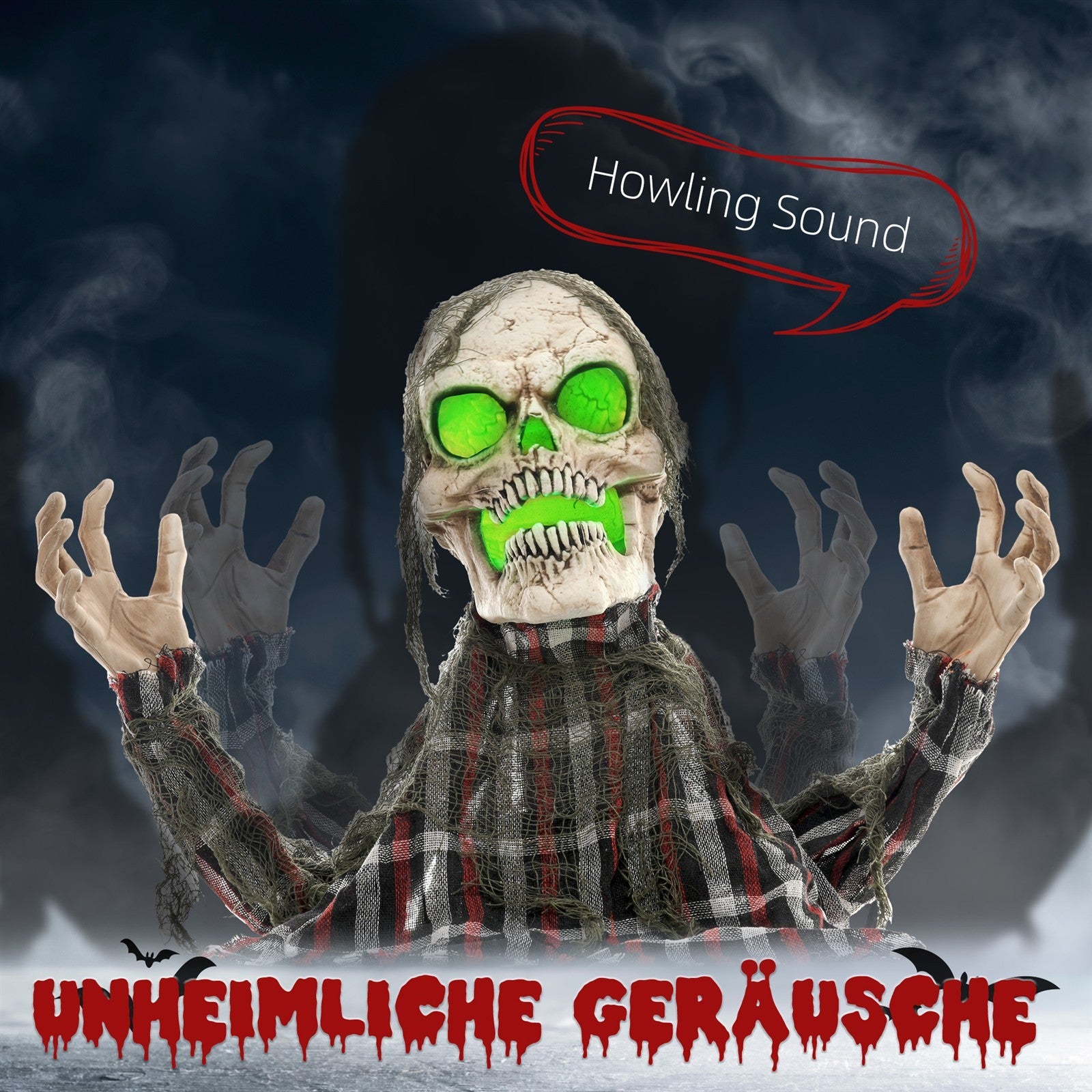 Halloweendekoration Groundbreaker-Skelett, biegsame Arme, leuchtende Augen, unheimliches Heulen