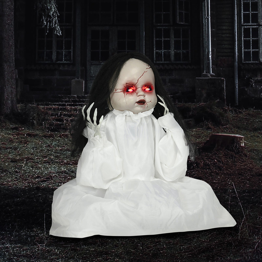 Halloween-Dekoration Horrorpuppe, LED-Augen, heult, springt hoch, Geräusch- & Bewegungssensor, 60 cm