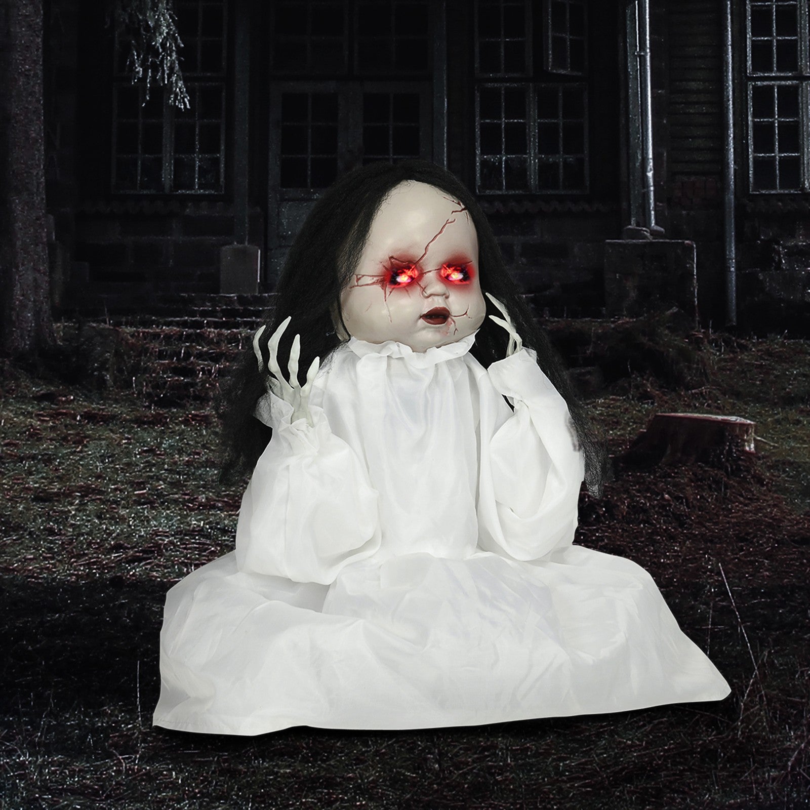 Halloween-Dekoration Horrorpuppe, LED-Augen, heult, springt hoch, Geräusch- & Bewegungssensor, 60 cm