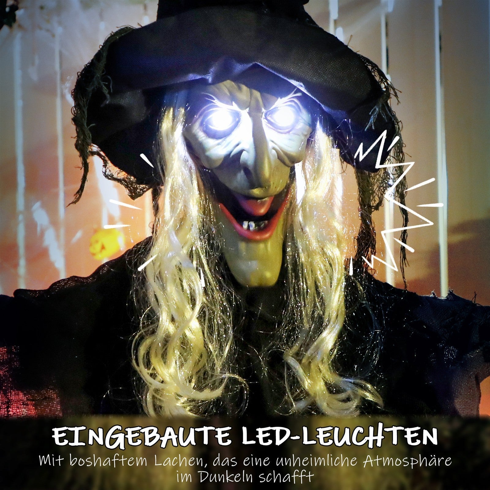 183cm Halloween Dekoration Hängende Halloween Hexe mit LED-Lichter, Soundfunktion verstellbare Arme, Mund