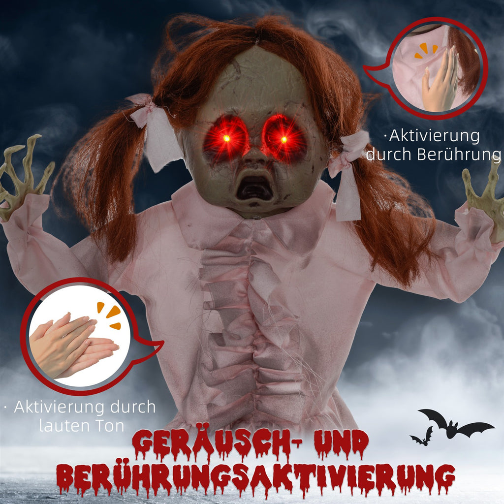 Horrorpuppe, Helloweendeko, aktiviert mit Geräusche/Berührung, rote Augen, Sound, 76 cm
