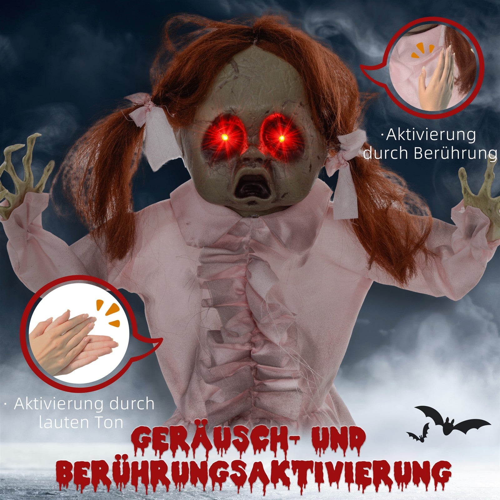 Horrorpuppe, Helloweendeko, aktiviert mit Geräusche/Berührung, rote Augen, Sound, 76 cm