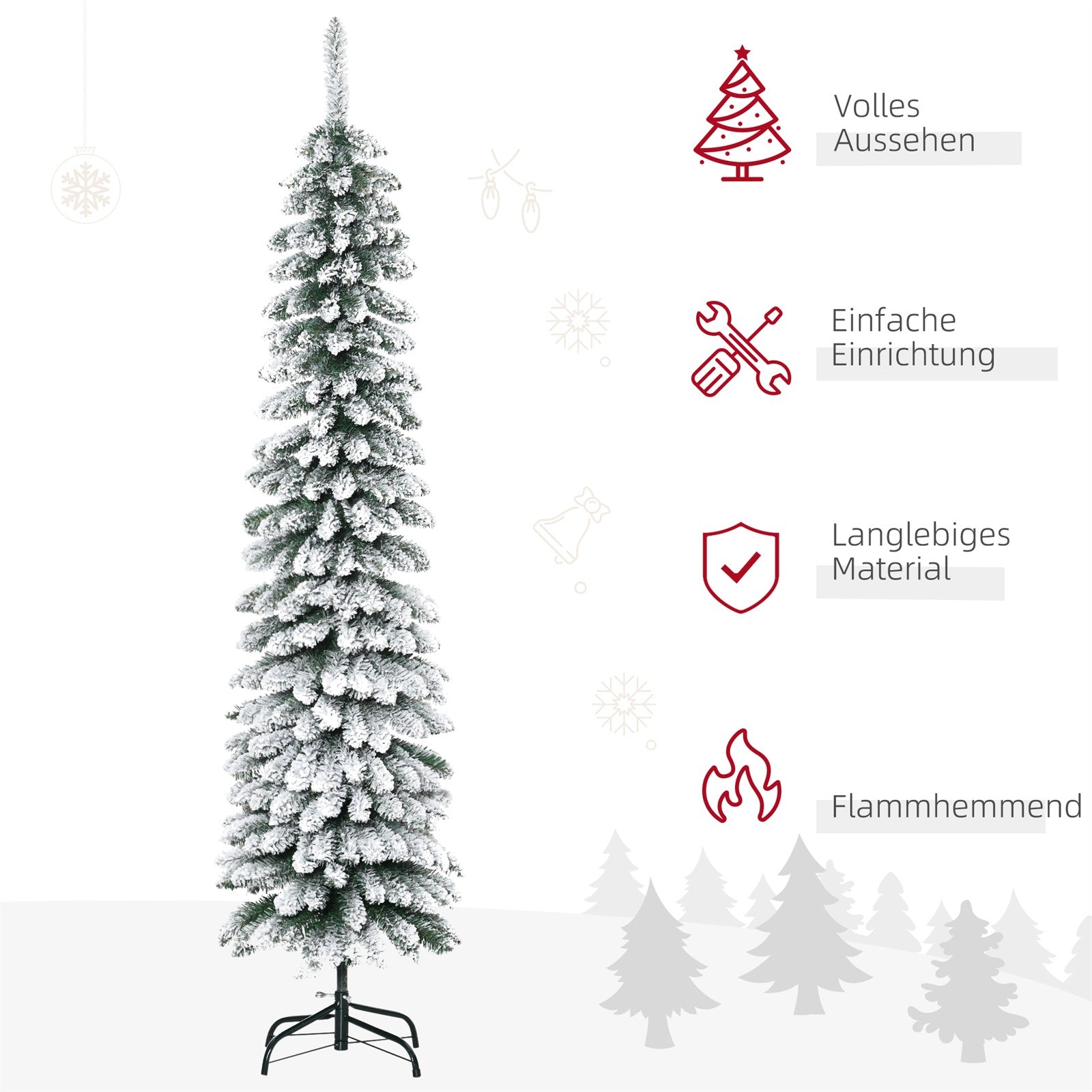 Künstlicher Weihnachtsbaum, schneebedeckt, schmales Design, feuerfest, 180 cm, Grün/Weiß