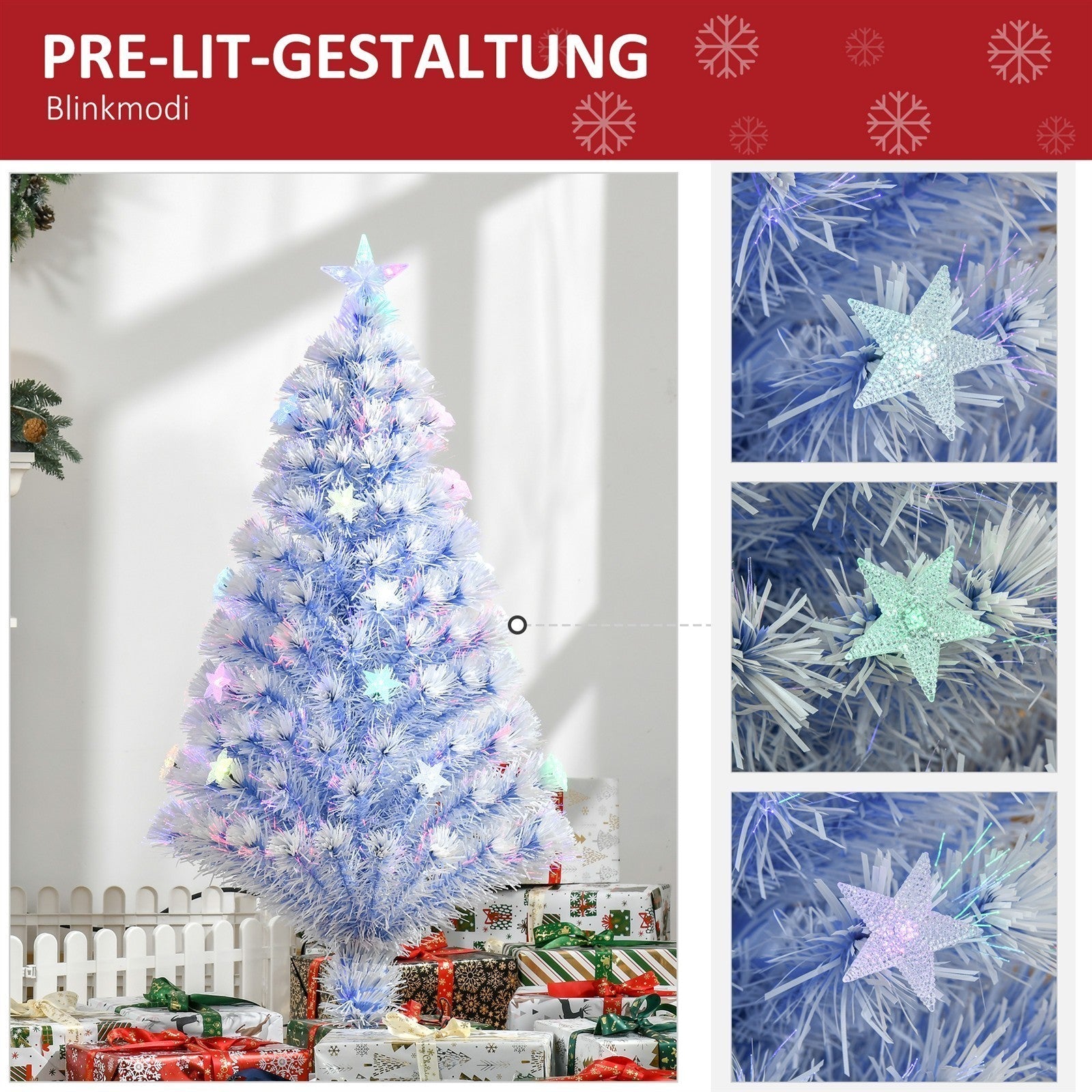 Künstlicher Weihnachtsbaum 120 cm Christbaum künstlich mit Glasfaser und LED-Beleuchtung, 130 Spitzen Tannenbaum inkl. Stahlständer für Drinnen Weiß+Blau