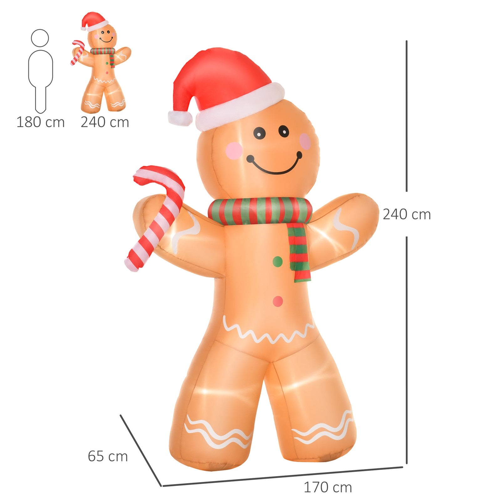 Selbstaufblasender Lebkuchenmann, inkl. Gebläse, Weihnachtsdekoration 2,4 m mit LED-Lichtern