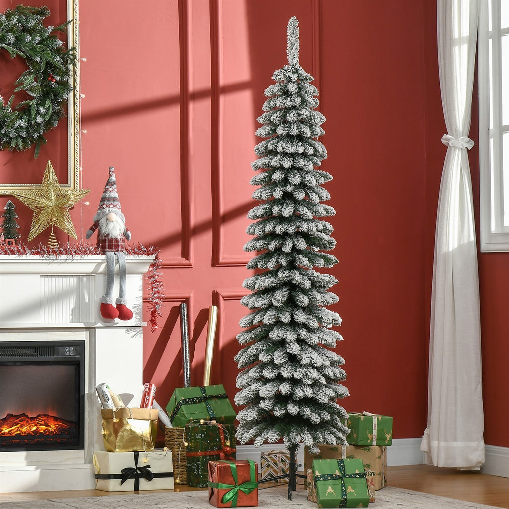Künstlicher Weihnachtsbaum, schneebedeckt, schmales Design, feuerfest, 180 cm, Grün/Weiß