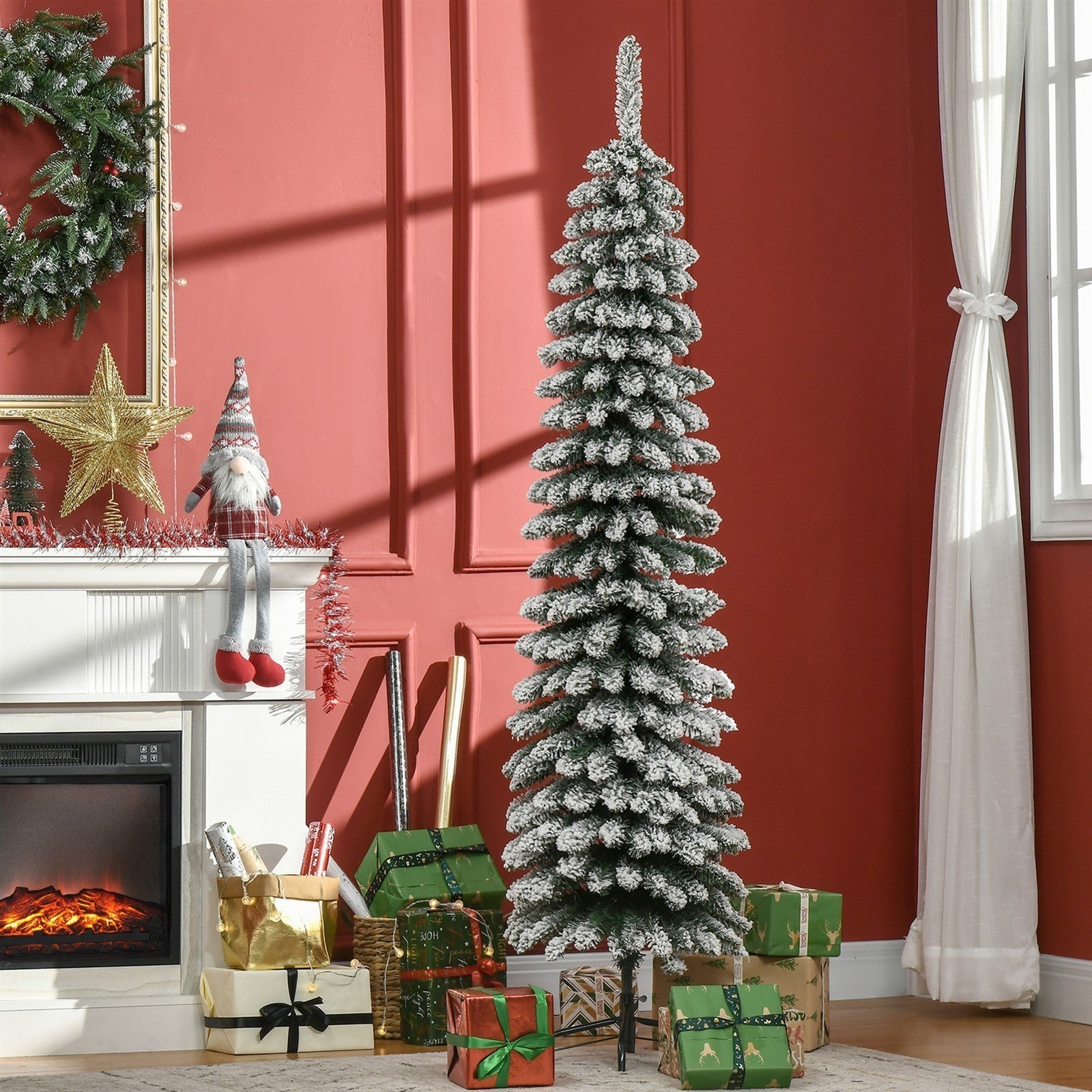 Künstlicher Weihnachtsbaum, schneebedeckt, schmales Design, feuerfest, 180 cm, Grün/Weiß