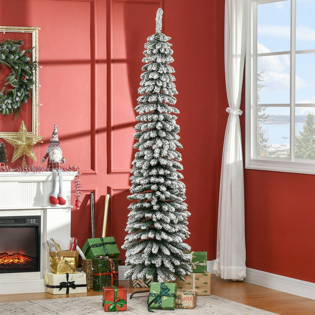 Künstlicher Weihnachtsbaum, schneebedeckt, schmales Design, feuerfest, 210 cm, Grün/Weiß