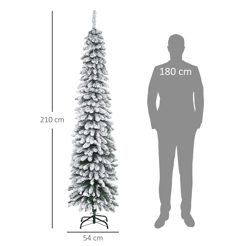Künstlicher Weihnachtsbaum, schneebedeckt, schmales Design, feuerfest, 210 cm, Grün/Weiß