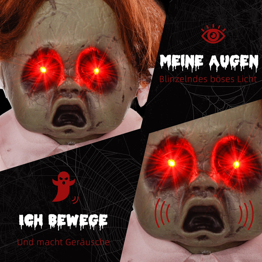 Horrorpuppe, Helloweendeko, aktiviert mit Geräusche/Berührung, rote Augen, Sound, 76 cm