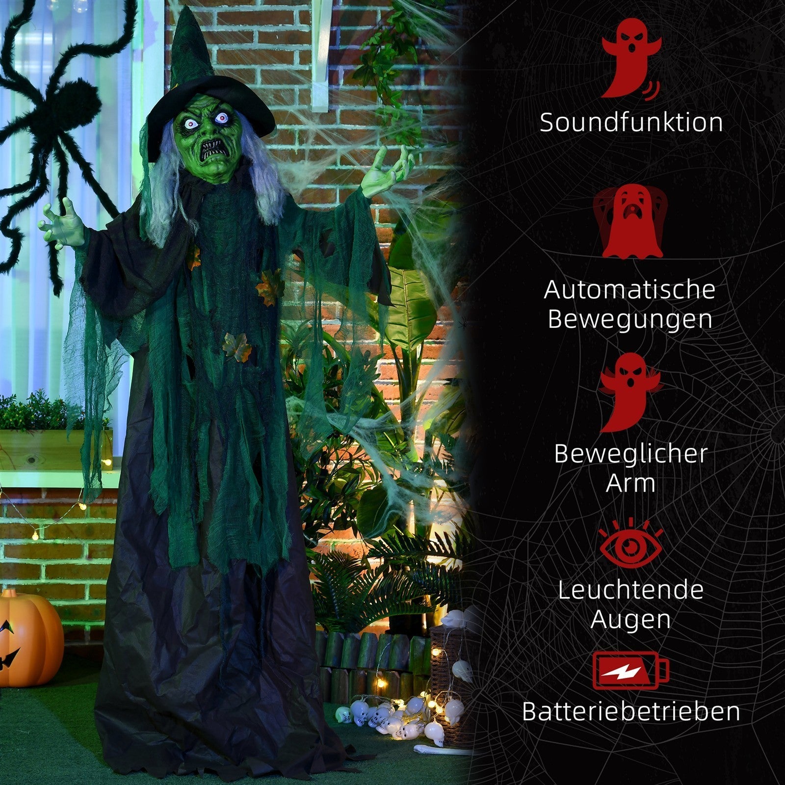 Halloween-Hexe, Halloween-Dekoration, Soundfunktion, mit Bewegungssensor und LED-Lichtern, 60 cm x 18 cm x 183 cm