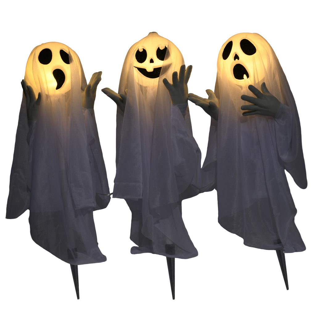 Halloweendekoration, 3 leuchtende Geister, Bewegungssensor, 54 x 10 x 60 cm, Weiß