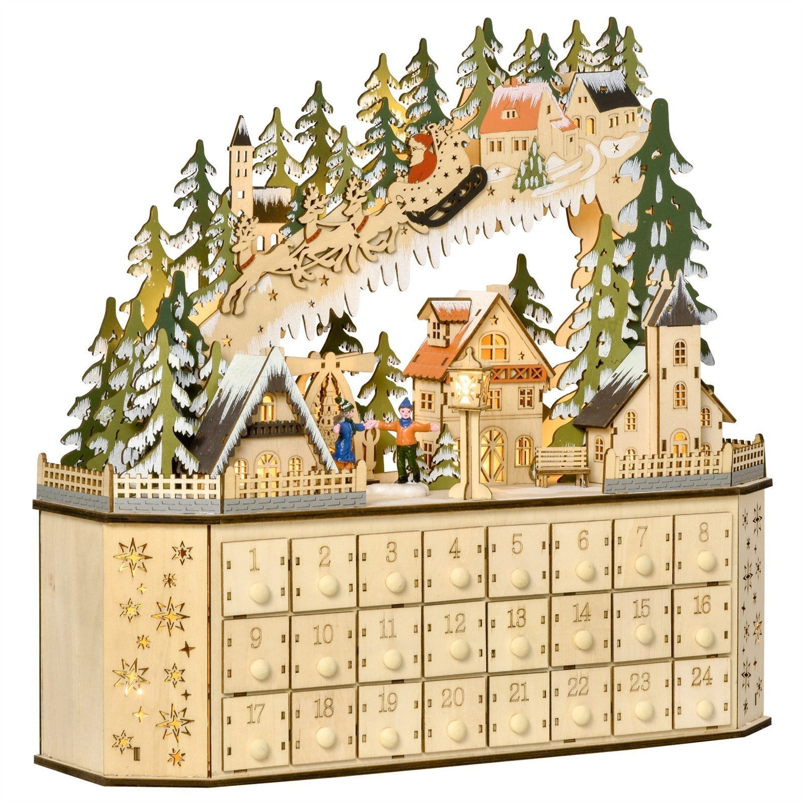 Adventskalender Weichnachtsdekoration Weihnachtsdeko, 24 Schubladen, LED-Lichter, 39 cm x 9 cm x 42 cm, Weiß + Grün