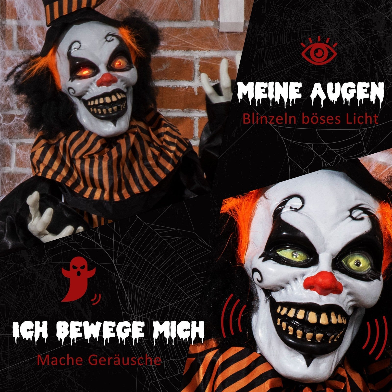 Halloween-Dekoration Horror-Clown mit Spezialeffekten und Soundfunktion 100 cm x 18 cm x 153 cm