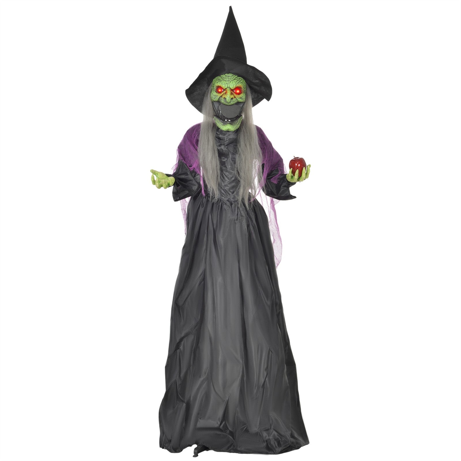 Hexe mit Giftapfel, Helloweendeko, gruselige Laute, rote Augen, bewegliche Arme, 180 cm