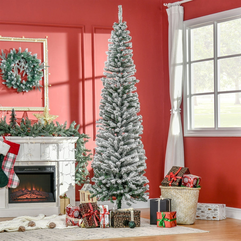 Künstlicher Weihnachtsbaum 225 cm Bleistift Kiefernbaum mit Schnee, 738 Spitzen für drinnen