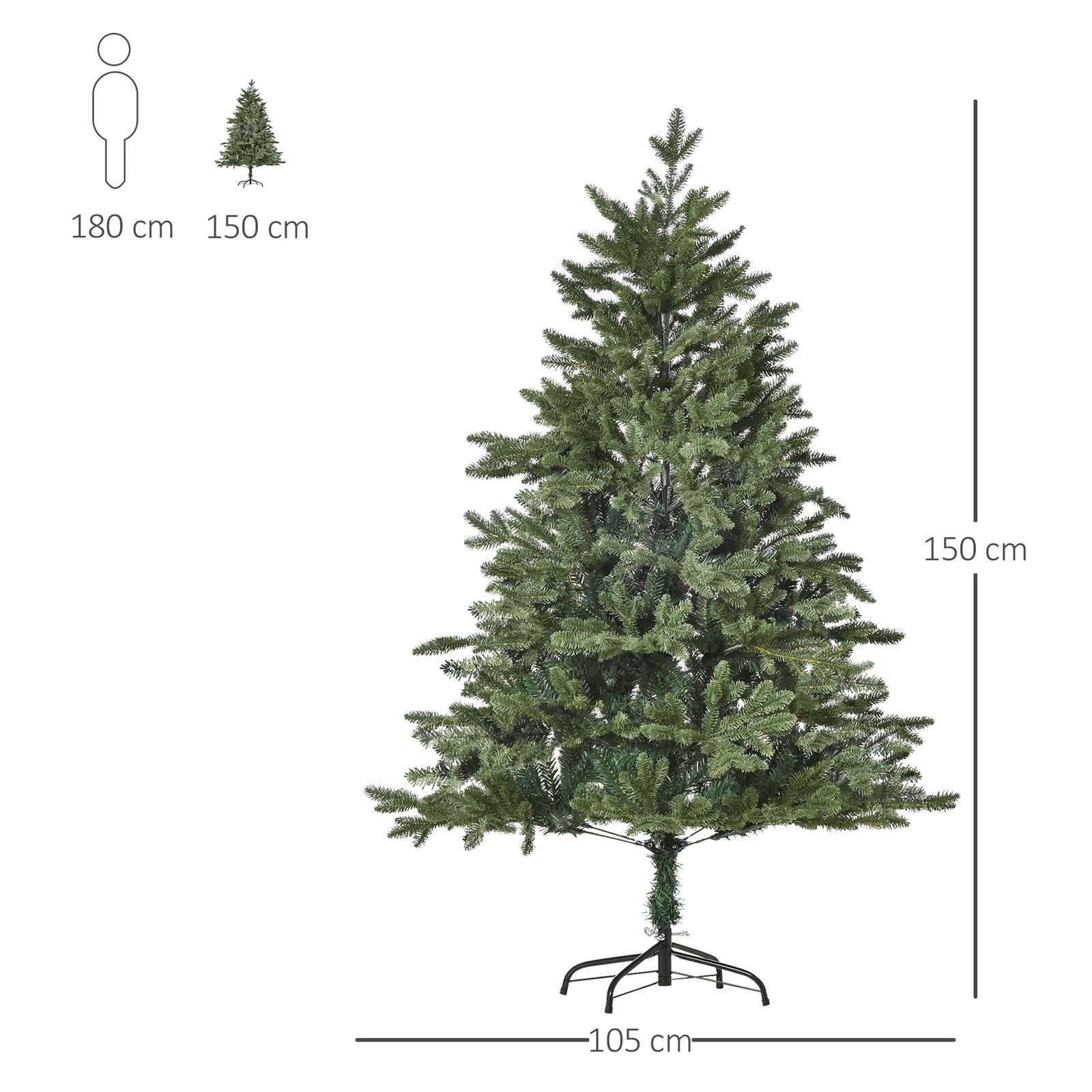 Künstlicher Weihnachtsbaum 150 cm Tannenbaum künstlich mit 444 Spitzen, 3 verschiedenen Blätterformen flammhemmend Christbaum mit Metallständer für drinnen