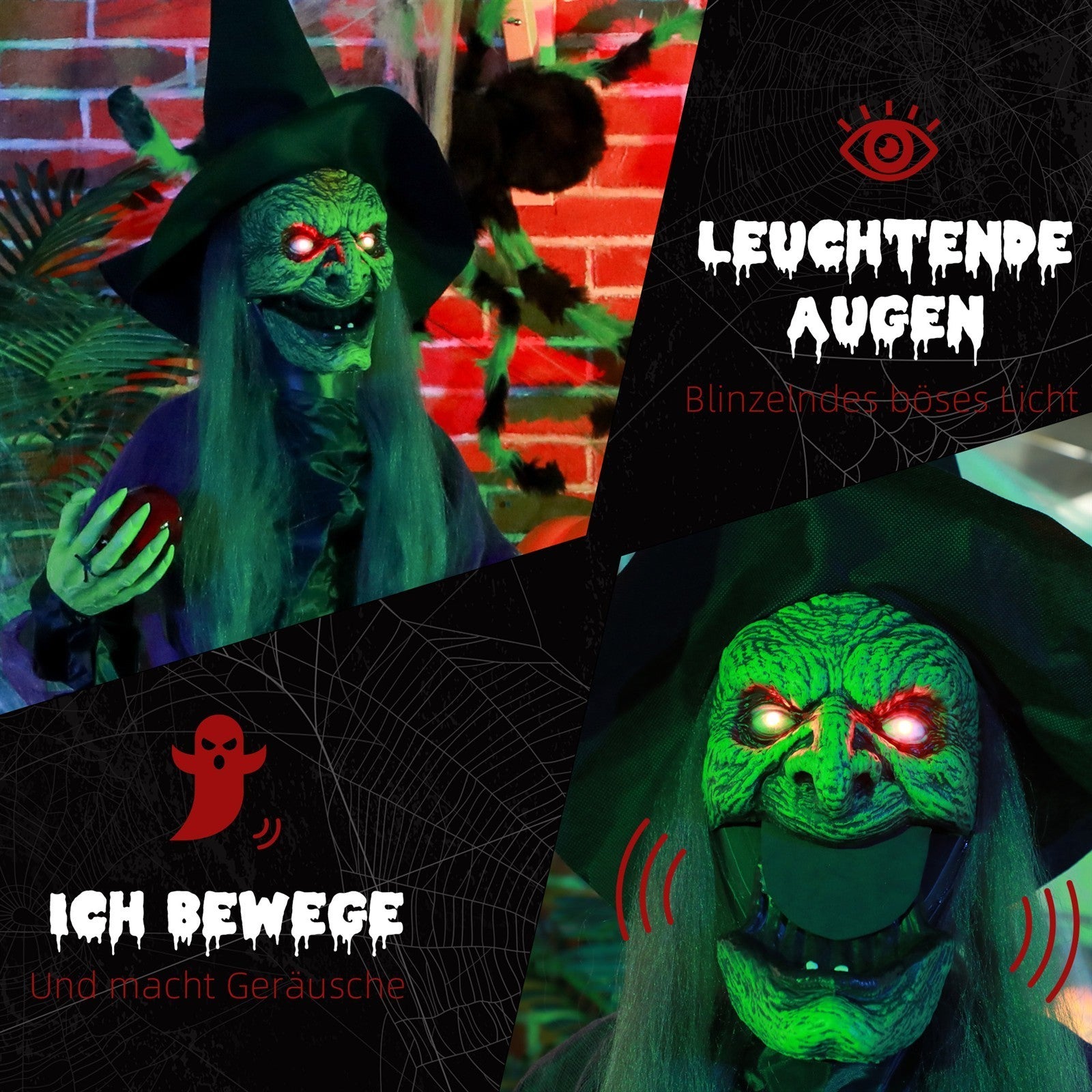 Hexe mit Giftapfel, Helloweendeko, gruselige Laute, rote Augen, bewegliche Arme, 180 cm