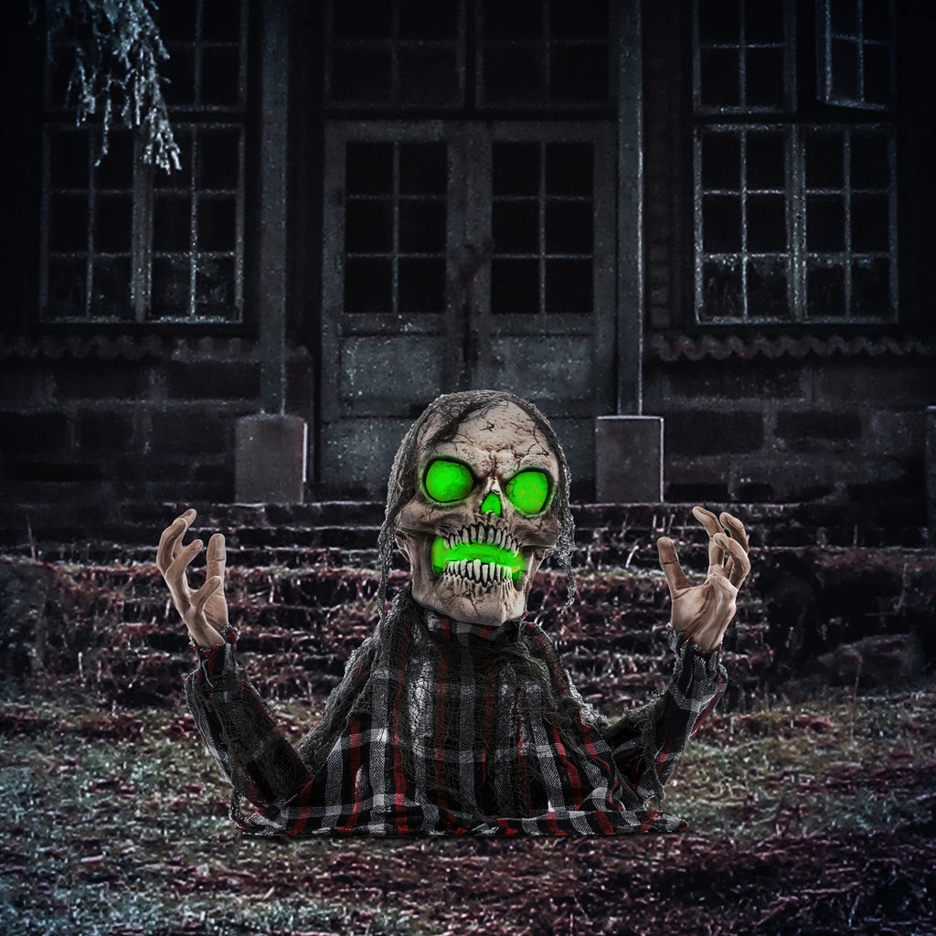 Halloweendekoration Groundbreaker-Skelett, biegsame Arme, leuchtende Augen, unheimliches Heulen