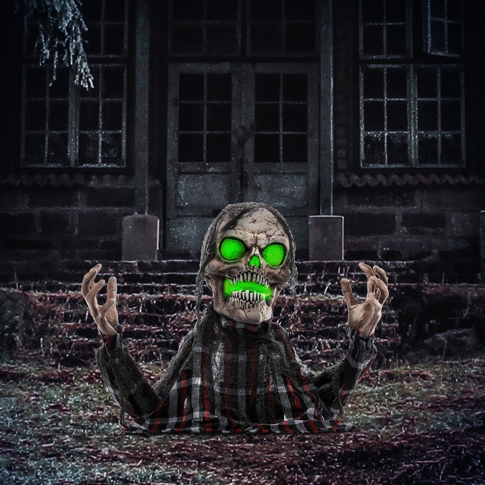 Halloweendekoration Groundbreaker-Skelett, biegsame Arme, leuchtende Augen, unheimliches Heulen