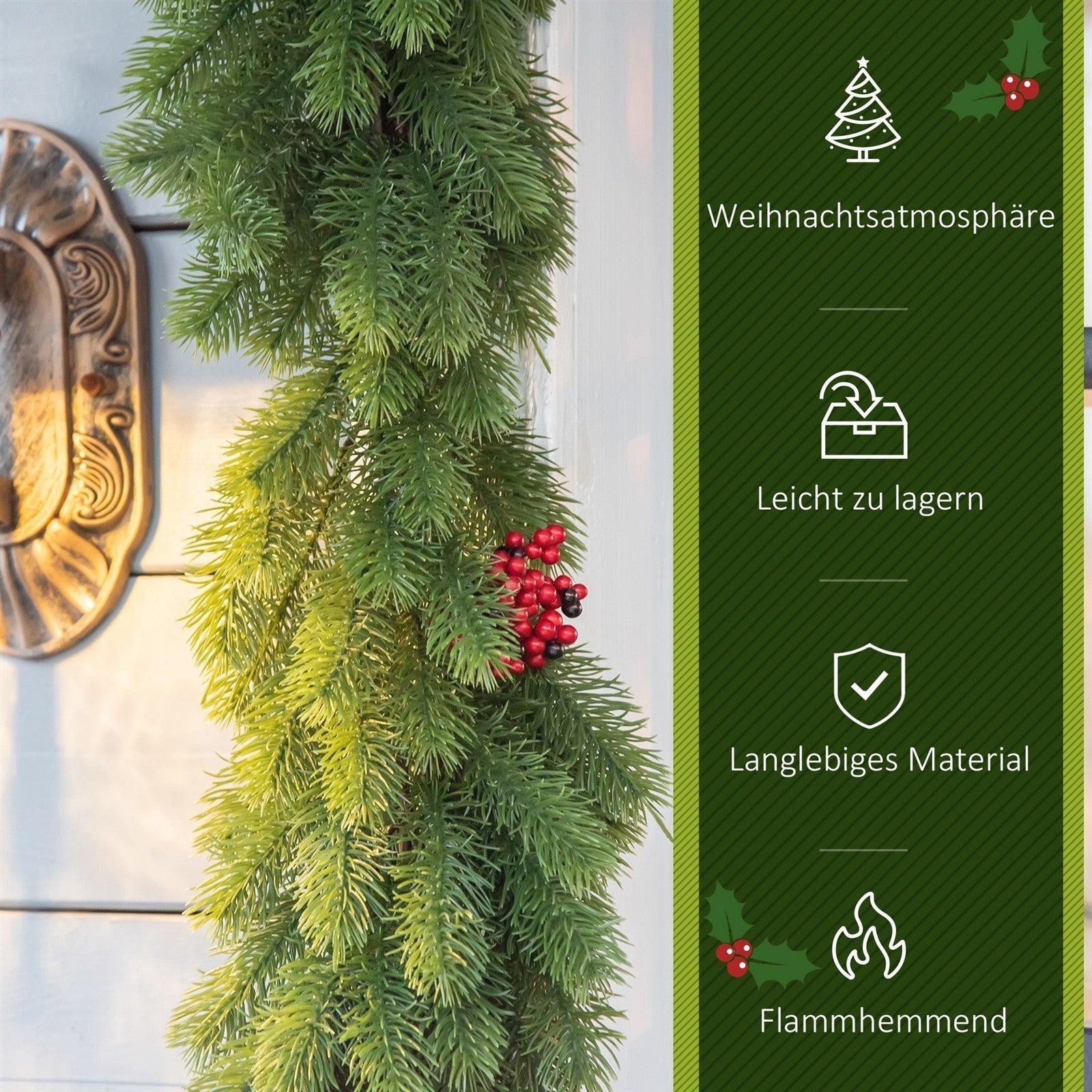 Weihnachtsgirlande 1,9m Tannengirlande Weihnachtsdeko mit Tannenzapfen Beeren Künstliche Girlande Weihnachtsgirlande für Innen & Außen, Grün