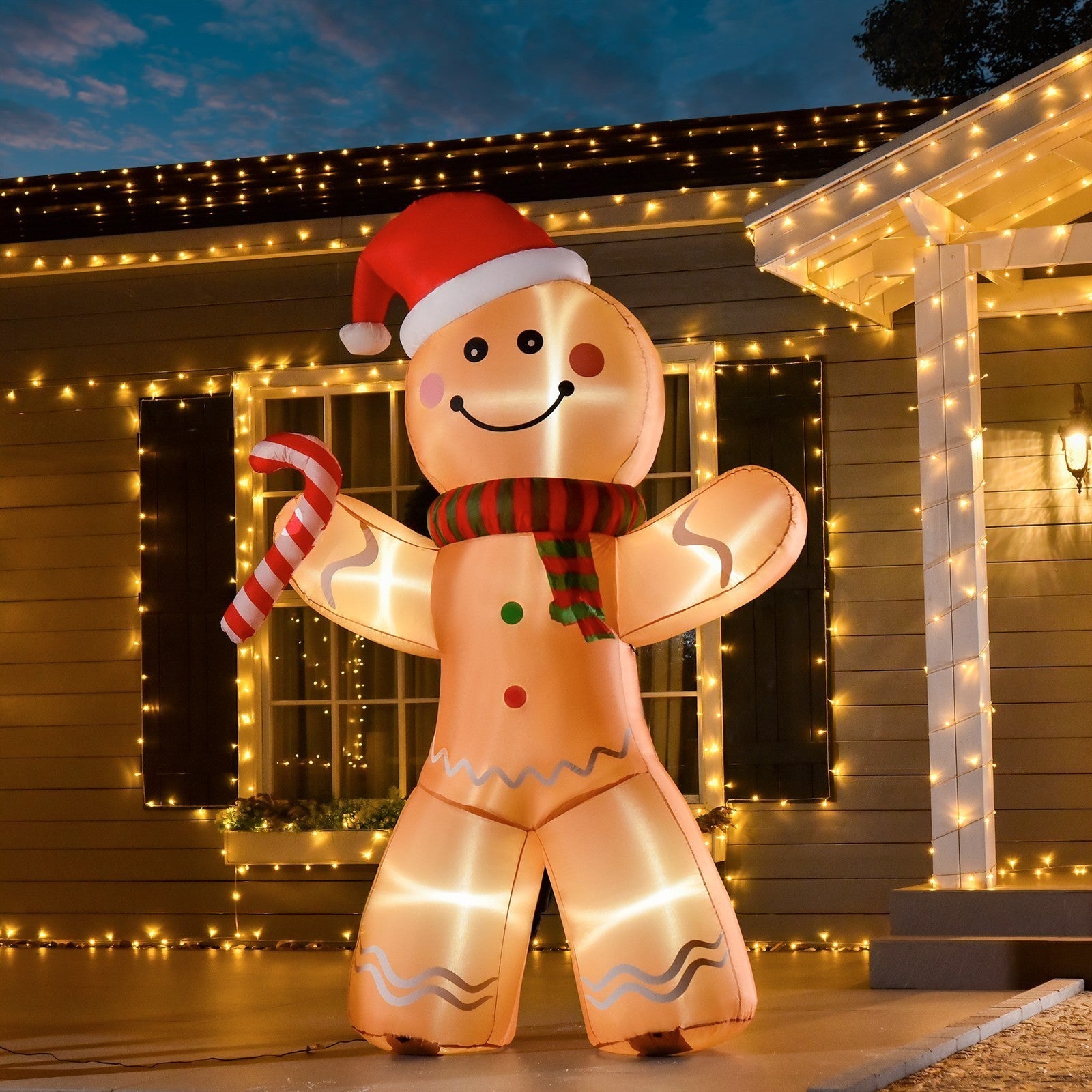 Selbstaufblasender Lebkuchenmann, inkl. Gebläse, Weihnachtsdekoration 2,4 m mit LED-Lichtern