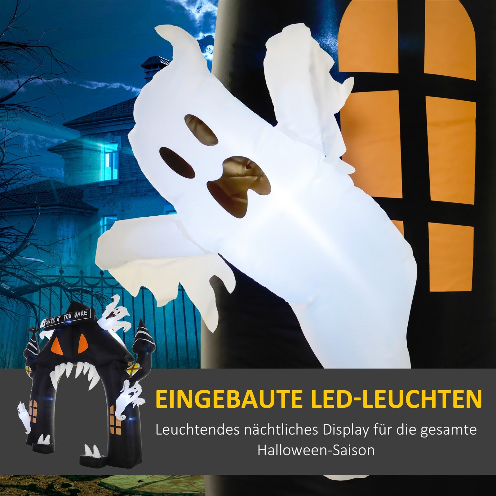 Aufblasbarer Halloween-Torbogen, 4 Geister, LED-Lichter, wasserdicht, 300 x 76 x 300 cm