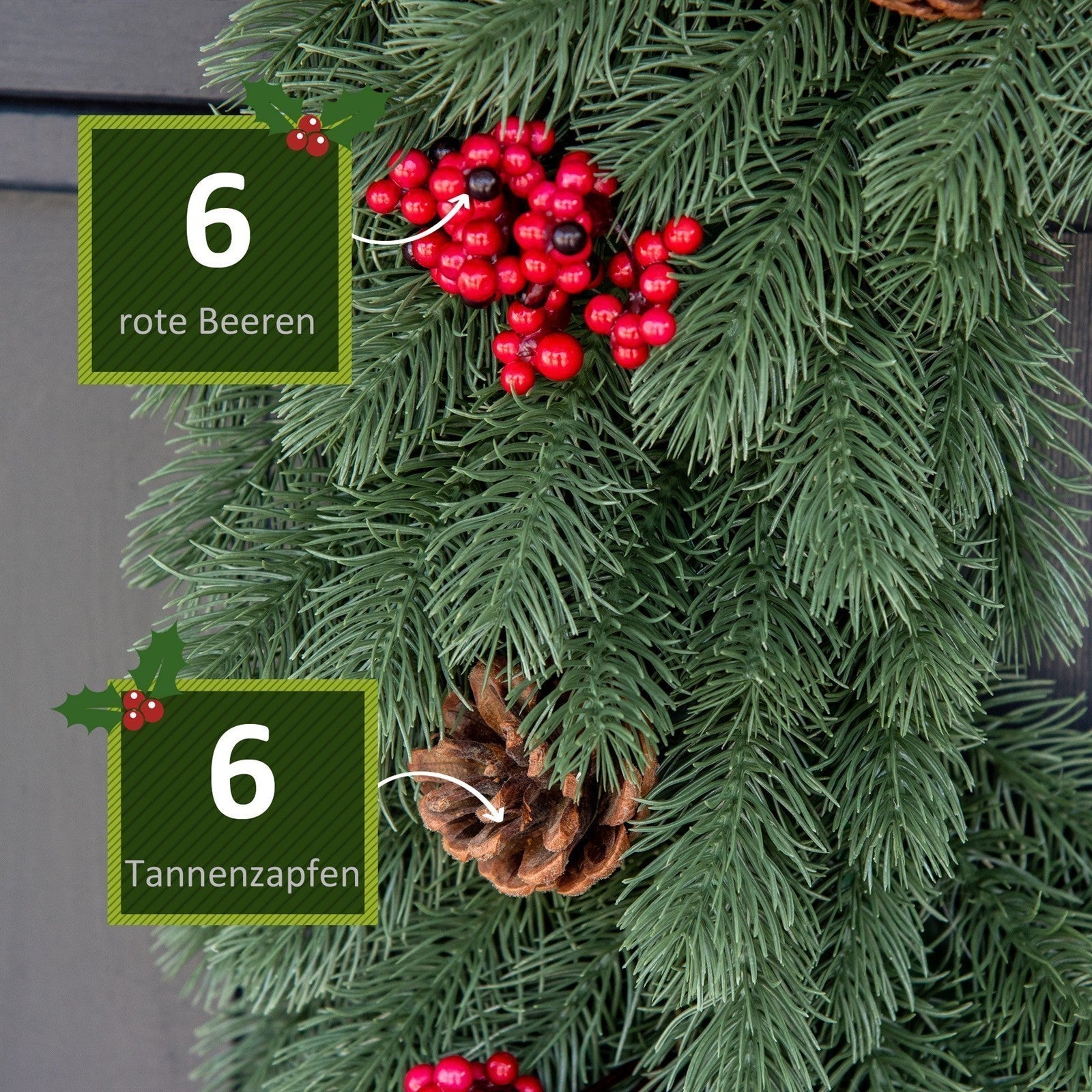 Weihnachtskranz 60 cm Türkranz mit 40 LEDs Zapfen roten Beeren Künstlicher Weihnachtskranz Weihnachten Adventskranz Haustür Kränze für Außen, Innen, Advent, Fenster