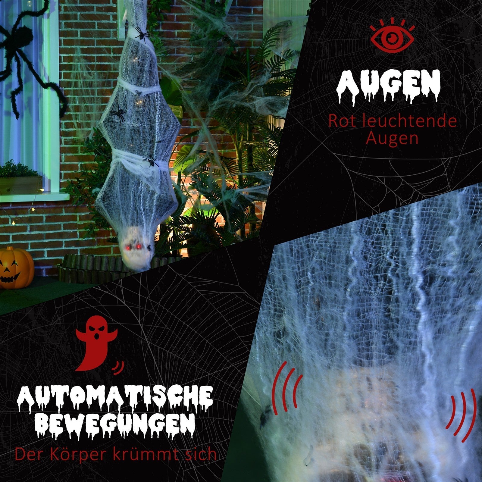 Halloween-Mumie, Halloween-Dekoration, Soundfunktion, mit Bewegungssensor und LED-Lichtern, 60 cm x 16 cm x 170 cm