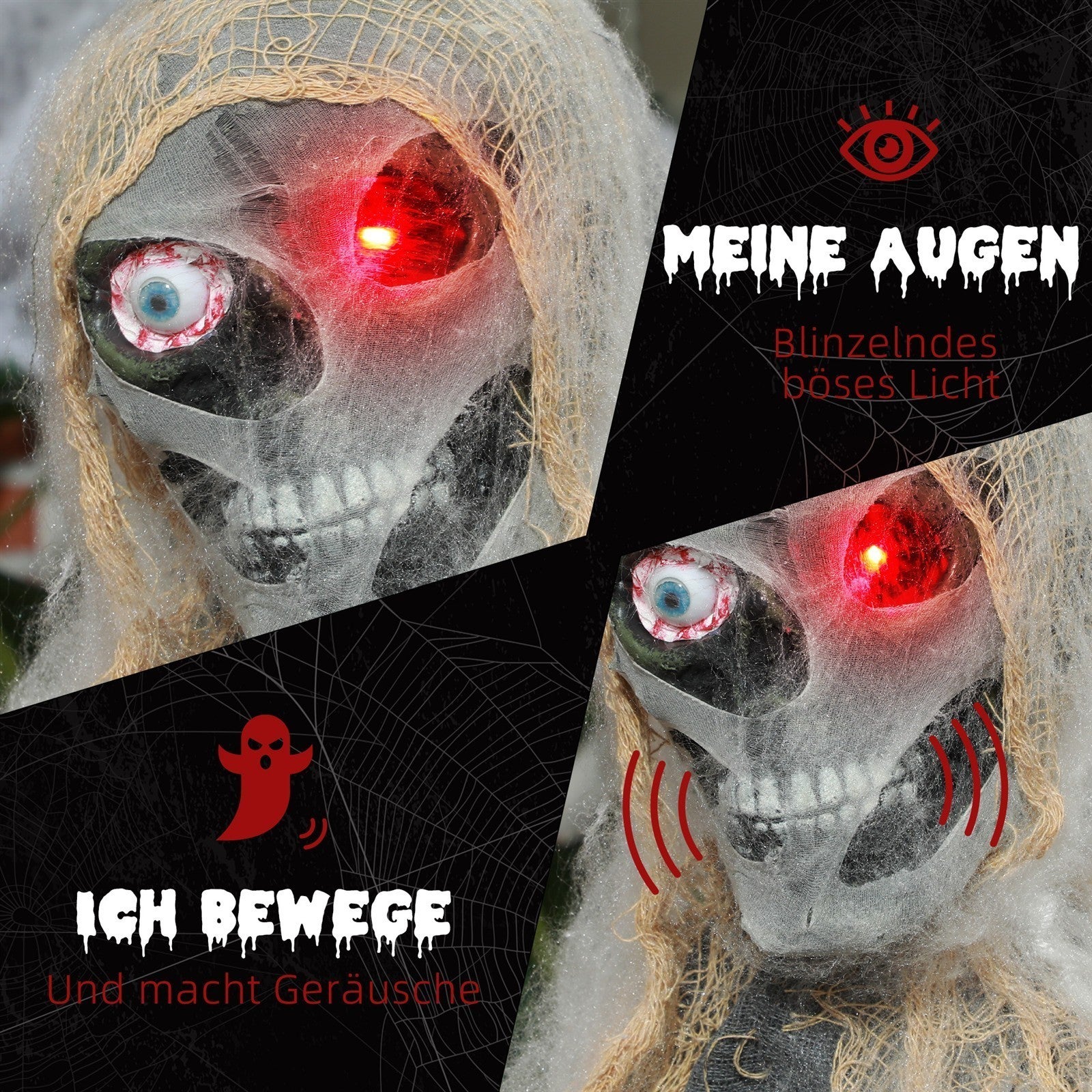 Halloweendekoration, einäugige Mumie, biegsame Arme, leuchtende Augen, gruseliges Heulen, 55x18x35 cm